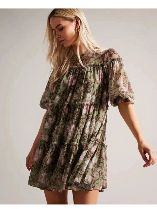 Ted Baker Dresses & Skirts - Ted Baker Olive and Pink Floral Tiered Mini Dress